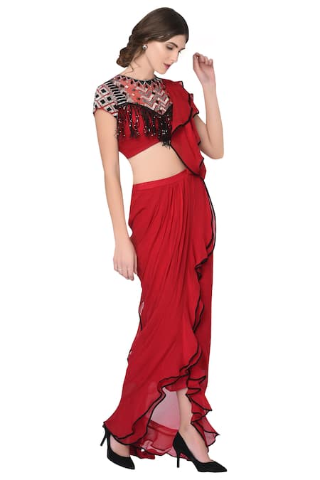 Buy_Mani Bhatia_Red Pre-pleated Saree With Blouse _Online_at_Aza_Fashions