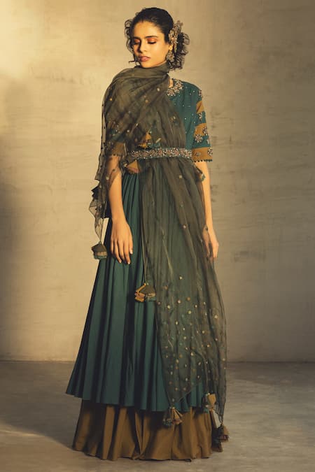 Shop Parul And Preyanka Blue Cotton, Silk Organza Round Embroidered Anarkali With Dupatta at Aza Fashions Shop_Parul And Preyanka_Blue Cotton, Silk Organza Round Embroidered Anarkali With Dupatta _at_Aza_Fashions