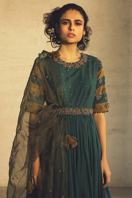 Parul And Preyanka Blue Cotton, Silk Organza Round Embroidered Anarkali With Dupatta Online at Aza Fashions Parul And Preyanka_Blue Cotton, Silk Organza Round Embroidered Anarkali With Dupatta _Online_at_Aza_Fashions