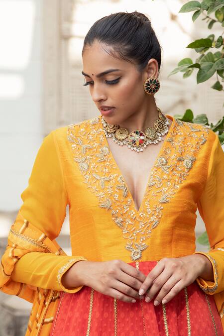Shop_Nikasha_Yellow Raw Silk, Georgette, Handwoven Banarasi Cotton V Neck Anarkali Set _Online_at_Aza_Fashions