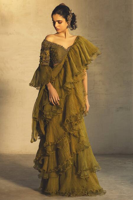 Parul And Preyanka_Green Tulle, Georgette, Silk Organza Leaf Neck Pre-stitched Saree With Blouse _Online_at_Aza_Fashions