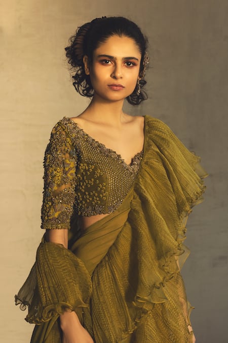 Shop_Parul And Preyanka_Green Tulle, Georgette, Silk Organza Leaf Neck Pre-stitched Saree With Blouse _at_Aza_Fashions