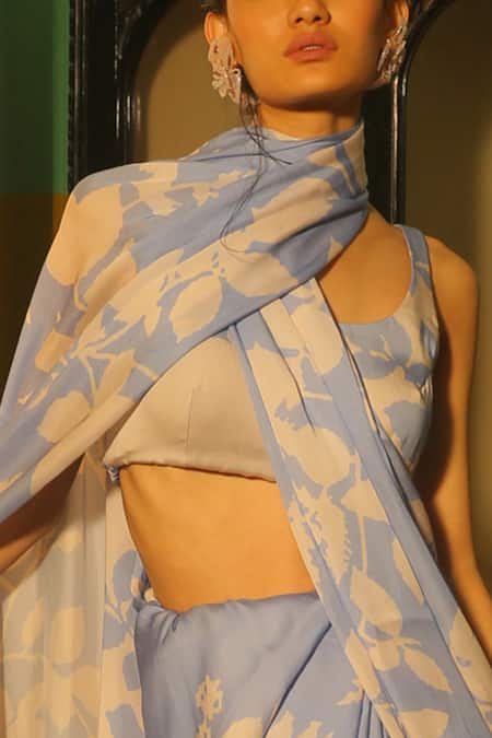 Koai_Beige Silk Scoop Neck Printed Blouse_at_Aza_Fashions