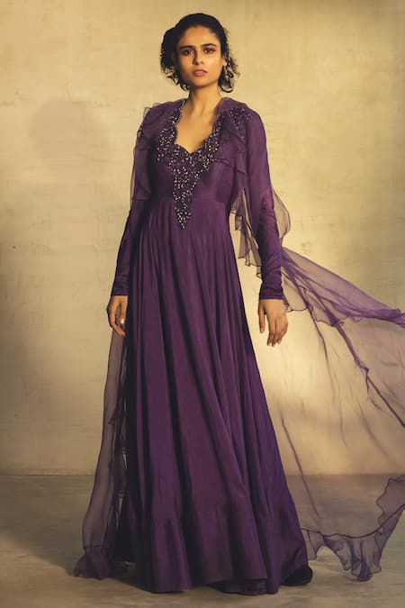 Parul And Preyanka_Purple Organza, Viscose Round Embroidered Anarkali With Cape _Online_at_Aza_Fashions