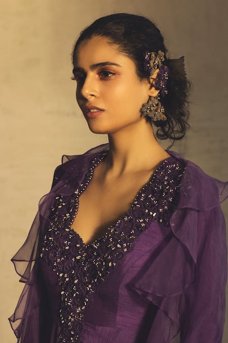 Shop_Parul And Preyanka_Purple Organza, Viscose Round Embroidered Anarkali With Cape _at_Aza_Fashions