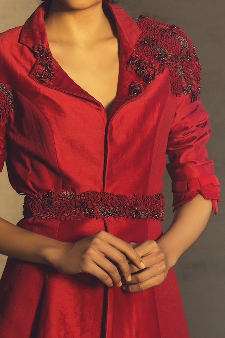 Parul And Preyanka Red Chanderi Heavy Crepe, Silk Dobby Lapel Pant Set at Aza Fashions Parul And Preyanka_Red Chanderi Heavy Crepe, Silk Dobby Lapel Pant Set _at_Aza_Fashions