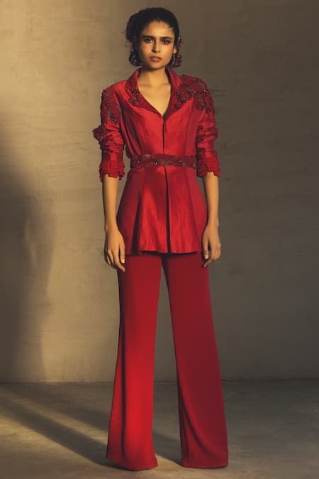 Parul And Preyanka Red Chanderi Heavy Crepe, Silk Dobby Lapel Pant Set 
