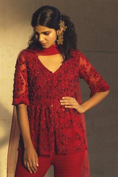Shop Parul And Preyanka Red Tulle, Georgette, Silk Organza V Neck Embroidered Kurta Sharara Set Online at Aza Fashions Shop_Parul And Preyanka_Red Tulle, Georgette, Silk Organza V Neck Embroidered Kurta Sharara Set _Online_at_Aza_Fashions
