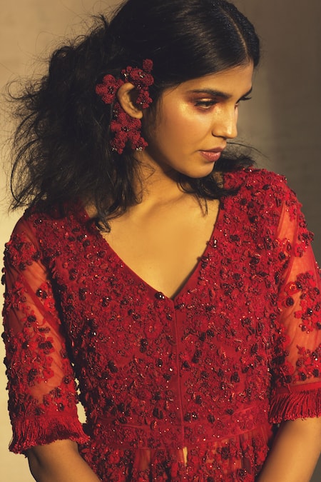 Parul And Preyanka Red Tulle, Georgette, Silk Organza V Neck Embroidered Kurta Sharara Set at Aza Fashions Parul And Preyanka_Red Tulle, Georgette, Silk Organza V Neck Embroidered Kurta Sharara Set _at_Aza_Fashions