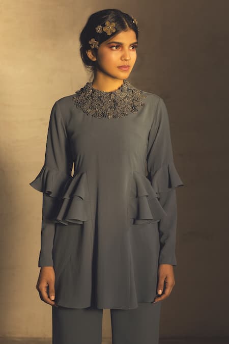 Shop Parul And Preyanka Blue Crepe Round Embroidered Pant Set at Aza Fashions Shop_Parul And Preyanka_Blue Crepe Round Embroidered Pant Set _at_Aza_Fashions