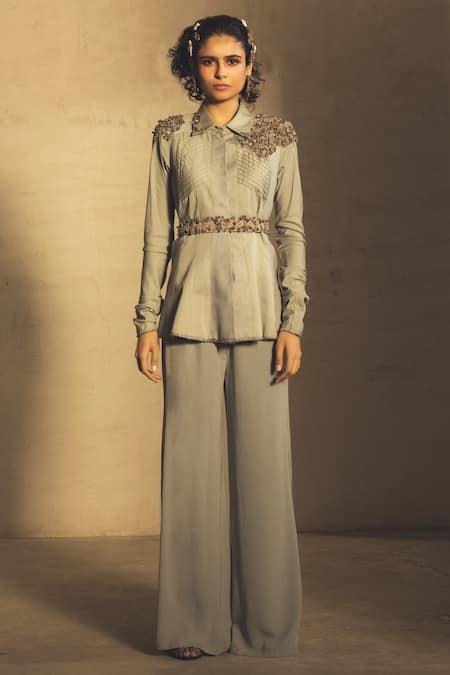 Shop Parul And Preyanka Blue Cotton Satin, Heavy Crepe, Silk Dobby Spread Collar Embroidered Pant Set at Aza Fashions Shop_Parul And Preyanka_Blue Cotton Satin, Heavy Crepe, Silk Dobby Spread Collar Embroidered Pant Set _at_Aza_Fashions