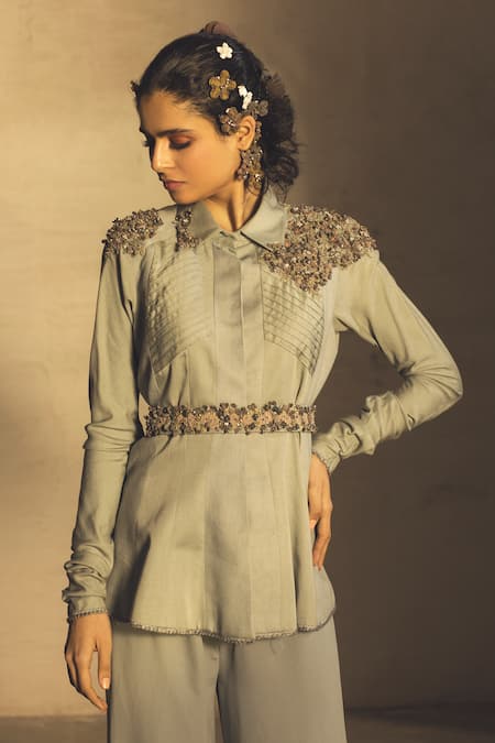 Parul And Preyanka Blue Cotton Satin, Heavy Crepe, Silk Dobby Spread Collar Embroidered Pant Set Online at Aza Fashions Parul And Preyanka_Blue Cotton Satin, Heavy Crepe, Silk Dobby Spread Collar Embroidered Pant Set _Online_at_Aza_Fashions