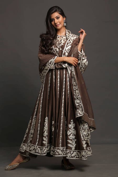 Heena Kochhar Brown Chanderi Anarkali Set