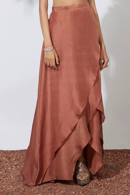 Buy_Mehak Murpana_Brown Crepe Round Embroidered Top And Layered Skirt Set_Online_at_Aza_Fashions
