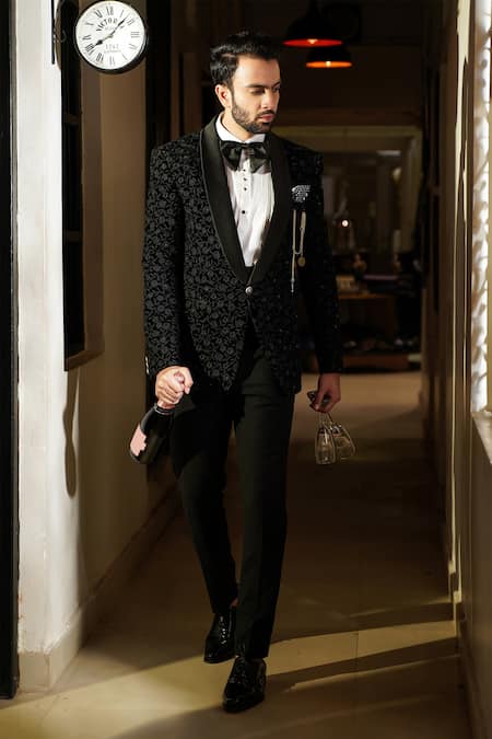 Soniya G_Black Velvet Tuxedo And Pant Set_Online_at_Aza_Fashions