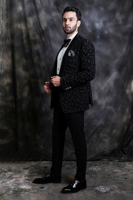 Buy_Soniya G_Black Velvet Tuxedo And Pant Set_Online_at_Aza_Fashions