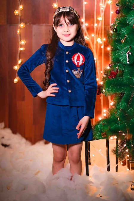 Buy Blue Velvet Embroidered Skirt Set For Girls by Hoity Moppet