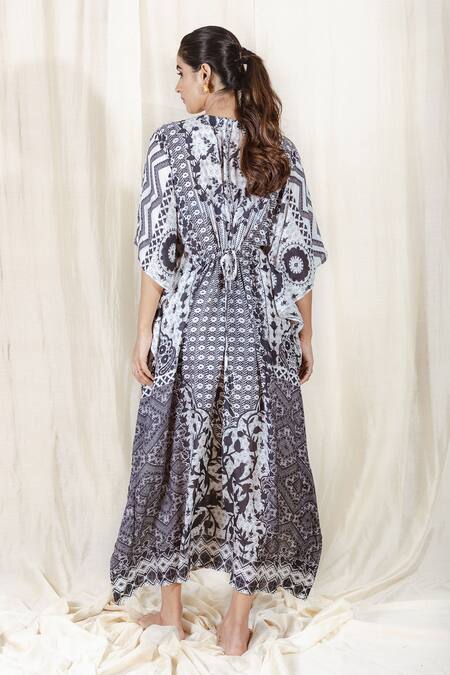 Shop The Boozy Button Black Moroccan Silk Digital Print V Neck Uptown Funk Kaftan at Aza Fashions Shop_The Boozy Button_Black Moroccan Silk Digital Print V Neck Uptown Funk Kaftan_at_Aza_Fashions