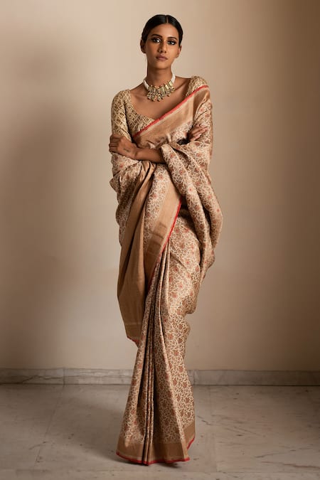 Priyanka Raajiv_Beige Silk Brocade Banarasi Thread Saree_Online_at_Aza_Fashions