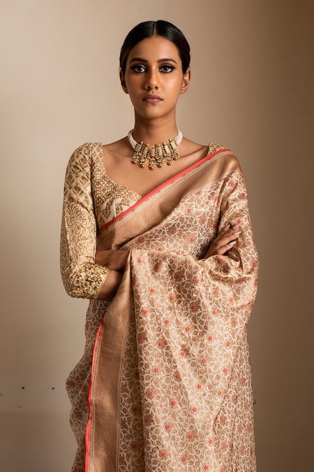 Buy_Priyanka Raajiv_Beige Silk Brocade Banarasi Thread Saree_Online_at_Aza_Fashions