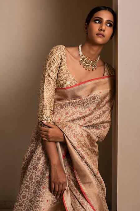 Shop_Priyanka Raajiv_Beige Silk Brocade Banarasi Thread Saree_Online_at_Aza_Fashions