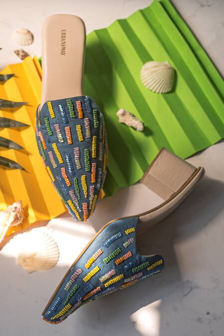 Buy Urbansway Blue Embroidery Denim Pointed Toe Mules Online at Aza Fashions Buy_Urbansway_Blue Embroidery Denim Pointed Toe Mules _Online_at_Aza_Fashions