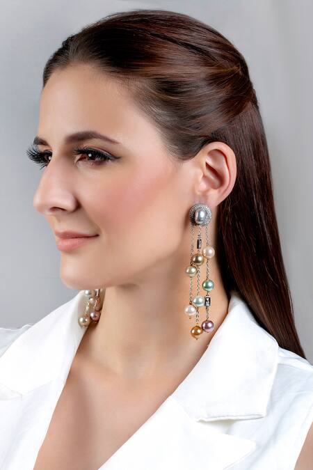 Shop_Joules By Radhika_Silver Plated Baroque Pearl Handcrafted Ophella Tassel Earrings_Online_at_Aza_Fashions