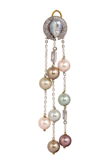 Joules By Radhika_Silver Plated Baroque Pearl Handcrafted Ophella Tassel Earrings_at_Aza_Fashions
