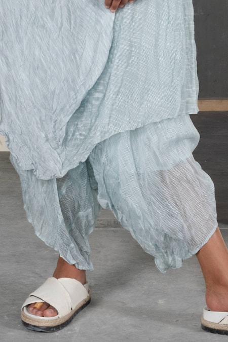 Urvashi Kaur_Blue Chanderi Silk Crushed Stripe Pant_Online_at_Aza_Fashions