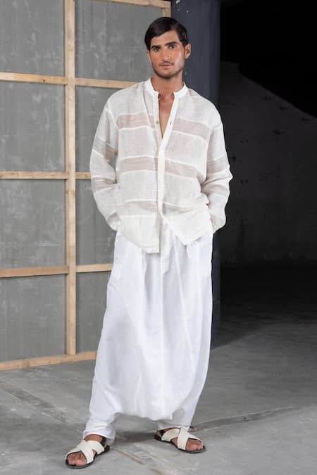 Shop_Urvashi Kaur_White Chanderi, Linen Silk Shirt _at_Aza_Fashions