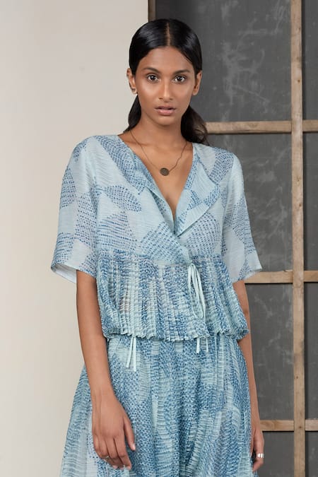 Urvashi Kaur Blue Linen Noil V Neck Shibori Pleated Top  