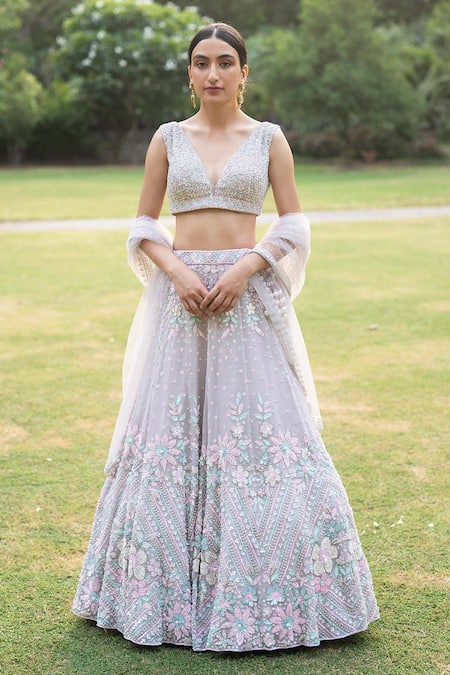 Buy Silver Net Embroidered Sequins Plunging V Blouse Bridal Lehenga Set For  Women by Seema Gujral Online at Aza Fashions.
