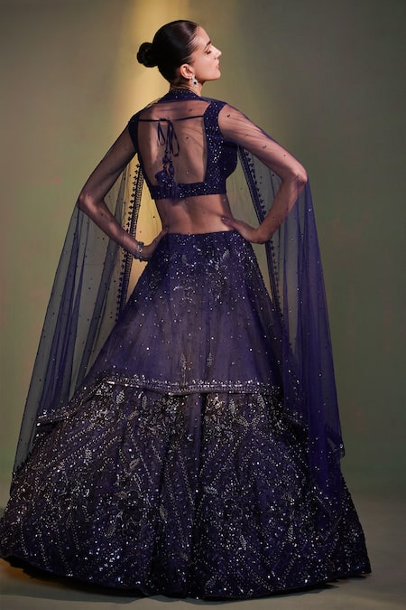 Shop Angad Singh Blue Lehenga And Blouse Organza Dupatta Net V Floral Embroidered Bridal Set at Aza Fashions Shop_Angad Singh_Blue Lehenga And Blouse Organza Dupatta Net V Floral Embroidered Bridal Set _at_Aza_Fashions