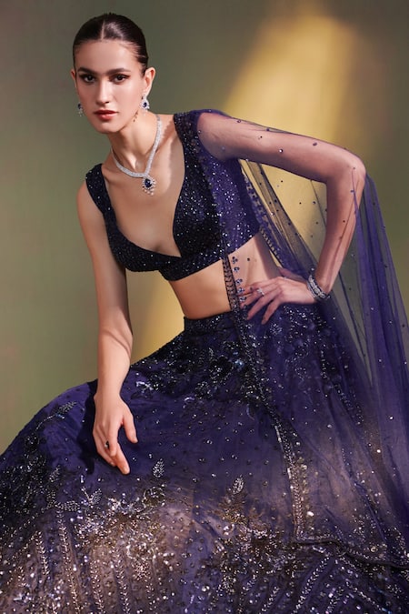 Buy Angad Singh Blue Lehenga And Blouse Organza Dupatta Net V Floral Embroidered Bridal Set Online at Aza Fashions Buy_Angad Singh_Blue Lehenga And Blouse Organza Dupatta Net V Floral Embroidered Bridal Set _Online_at_Aza_Fashions
