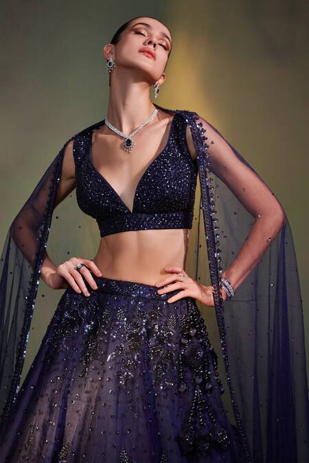 Shop Angad Singh Blue Lehenga And Blouse Organza Dupatta Net V Floral Embroidered Bridal Set Online at Aza Fashions Shop_Angad Singh_Blue Lehenga And Blouse Organza Dupatta Net V Floral Embroidered Bridal Set _Online_at_Aza_Fashions