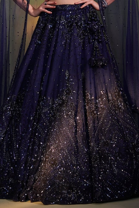 Angad Singh Blue Lehenga And Blouse Organza Dupatta Net V Floral Embroidered Bridal Set at Aza Fashions Angad Singh_Blue Lehenga And Blouse Organza Dupatta Net V Floral Embroidered Bridal Set _at_Aza_Fashions