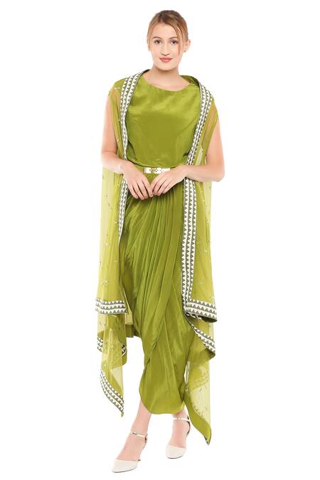 Buy_Soup By Sougat Paul_Green Net, Crepe Geometric, Sequin Round Draped Dress With Asymmetrical Jacket _Online_at_Aza_Fashions