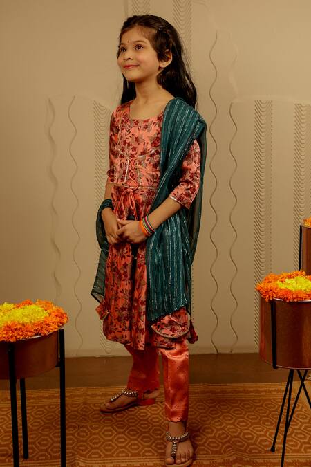 Buy Tiny Colour Peach Modal, Georgette, Satin Tassels Block Print Kurta Pant Set Online at Aza Fashions Buy_Tiny Colour_Peach Modal, Georgette, Satin Tassels Block Print Kurta Pant Set _Online_at_Aza_Fashions