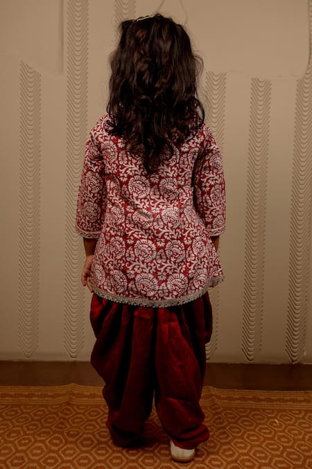 Shop Tiny Colour Maroon Cotton, Silk Lace Block Print Kurta And Dhoti Pant Set at Aza Fashions Shop_Tiny Colour_Maroon Cotton, Silk Lace Block Print Kurta And Dhoti Pant Set_at_Aza_Fashions