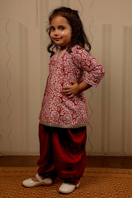 Tiny Colour Maroon Cotton, Silk Lace Block Print Kurta And Dhoti Pant Set Online at Aza Fashions Tiny Colour_Maroon Cotton, Silk Lace Block Print Kurta And Dhoti Pant Set_Online_at_Aza_Fashions
