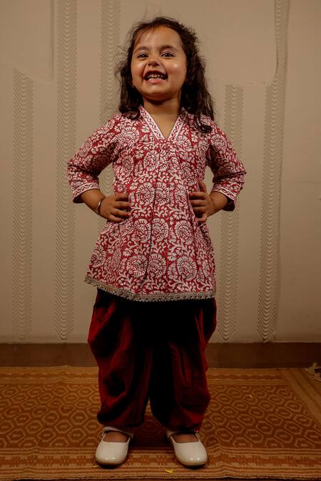 Buy Tiny Colour Maroon Cotton, Silk Lace Block Print Kurta And Dhoti Pant Set Online at Aza Fashions Buy_Tiny Colour_Maroon Cotton, Silk Lace Block Print Kurta And Dhoti Pant Set_Online_at_Aza_Fashions