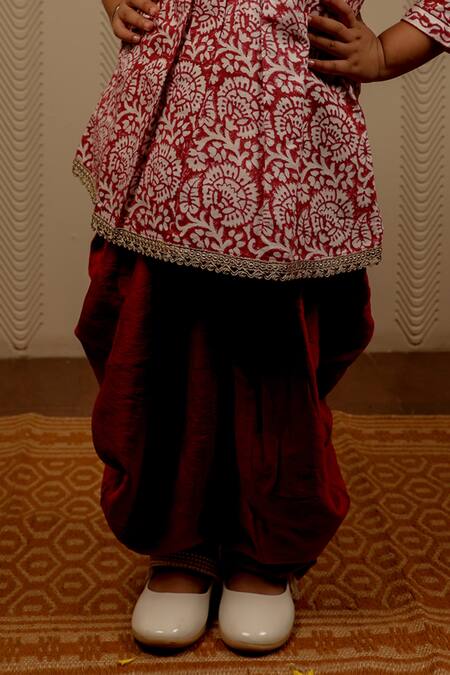 Shop Tiny Colour Maroon Cotton, Silk Lace Block Print Kurta And Dhoti Pant Set Online at Aza Fashions Shop_Tiny Colour_Maroon Cotton, Silk Lace Block Print Kurta And Dhoti Pant Set_Online_at_Aza_Fashions