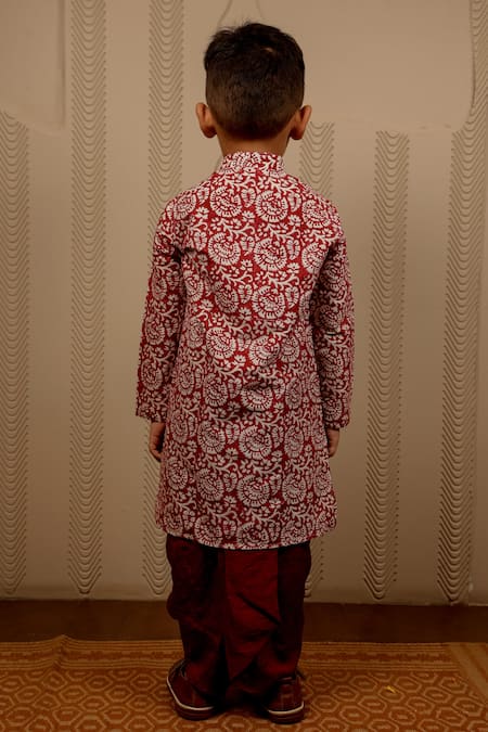 Shop Tiny Colour Maroon Cotton, Silk Embroidery Block Print Kurta And Dhoti Pant Set at Aza Fashions Shop_Tiny Colour_Maroon Cotton, Silk Embroidery Block Print Kurta And Dhoti Pant Set _at_Aza_Fashions