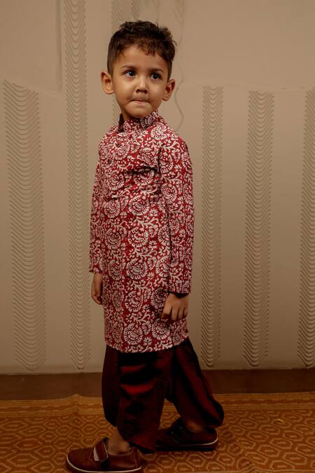 Tiny Colour Maroon Cotton, Silk Embroidery Block Print Kurta And Dhoti Pant Set Online at Aza Fashions Tiny Colour_Maroon Cotton, Silk Embroidery Block Print Kurta And Dhoti Pant Set _Online_at_Aza_Fashions