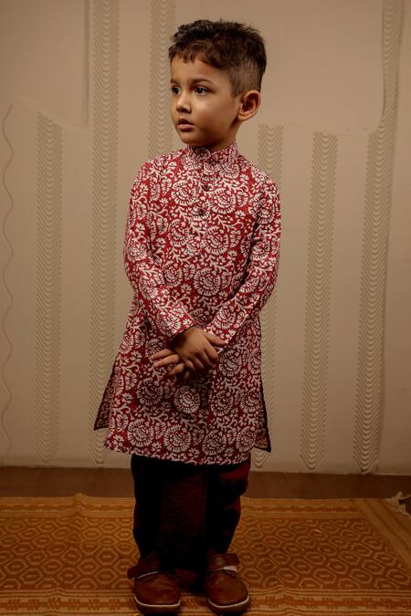 Buy Tiny Colour Maroon Cotton, Silk Embroidery Block Print Kurta And Dhoti Pant Set Online at Aza Fashions Buy_Tiny Colour_Maroon Cotton, Silk Embroidery Block Print Kurta And Dhoti Pant Set _Online_at_Aza_Fashions