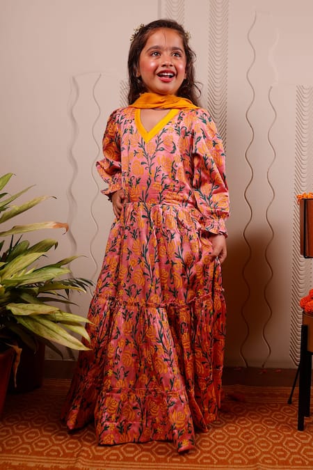 Tiny Colour Pink Modal, Georgette Tassels Block Print Kurta With Dupatta 