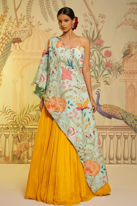 Aayushi Maniar Blue Cape And Bustier Crepe Silk Printed Floral & Lehenga Set 