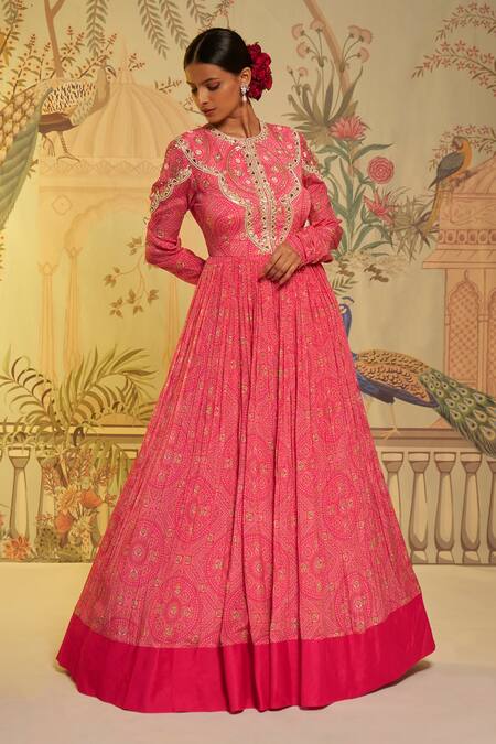 Aayushi Maniar_Pink Anarkali Crepe Silk, Dupatta Net Bandhani Round Print With_Online_at_Aza_Fashions