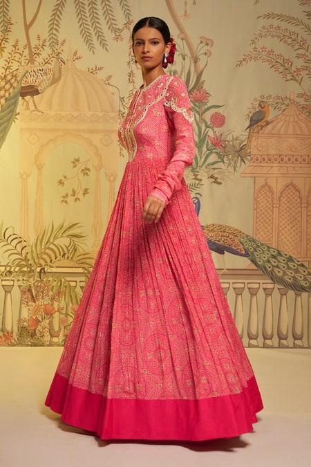 Buy_Aayushi Maniar_Pink Anarkali Crepe Silk, Dupatta Net Bandhani Round Print With_Online_at_Aza_Fashions
