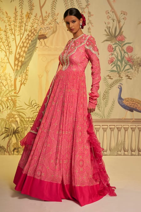 Shop_Aayushi Maniar_Pink Anarkali Crepe Silk, Dupatta Net Bandhani Round Print With_Online_at_Aza_Fashions